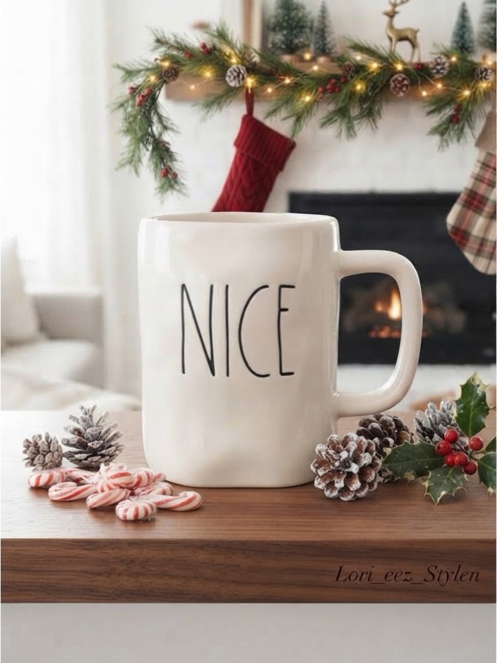 Rae Dunn White Ceramic 'NICE' Mug with Black Lettering